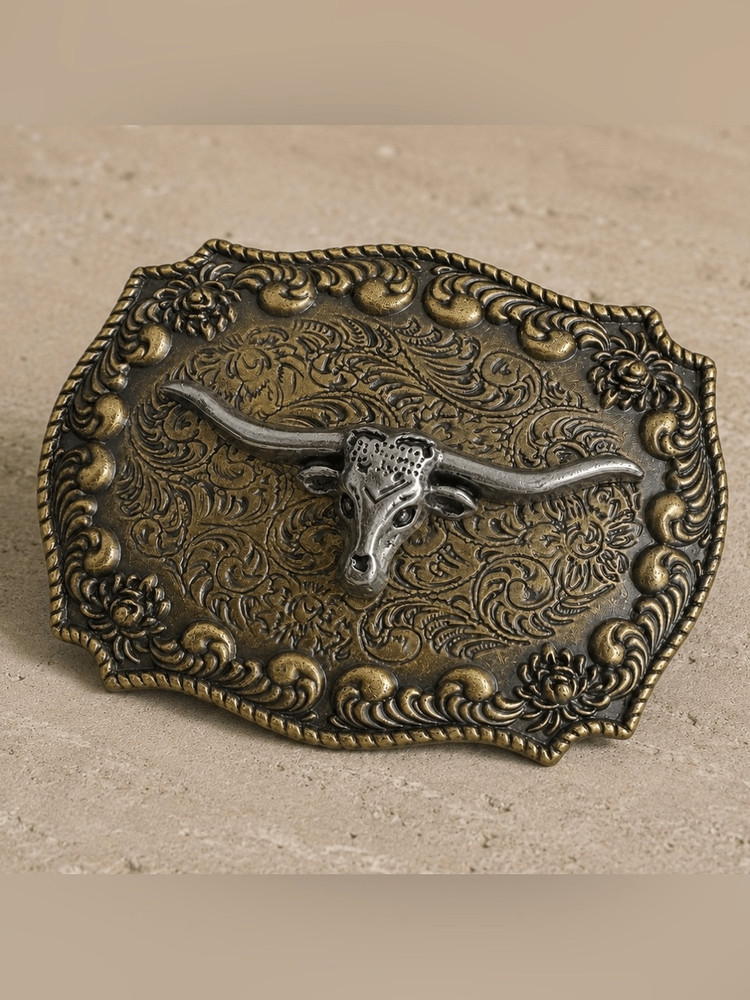 Western Steer Head Belt Buckle Antique Brass Silver Tone