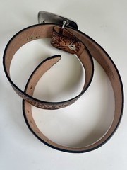 Vtg Tooled Leather Western Belt & Brown Stone BUCKLE 30/34 Small Deer Woods USA
