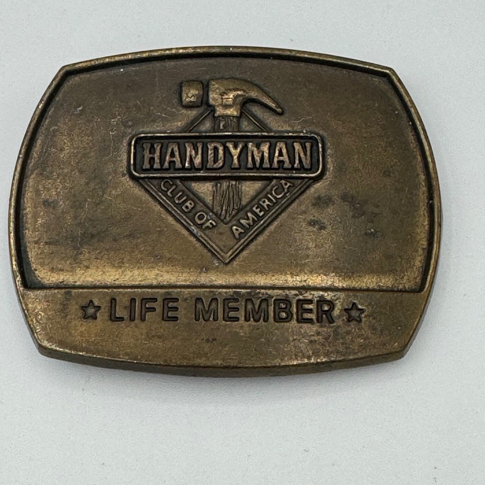 Vintage 1996 Handyman Club of America Life Member Belt Buckle Brass Tone Hammer