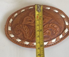 Oval Genuine Floral Leather Belt Buckle Multi-Colored Tan Brown White