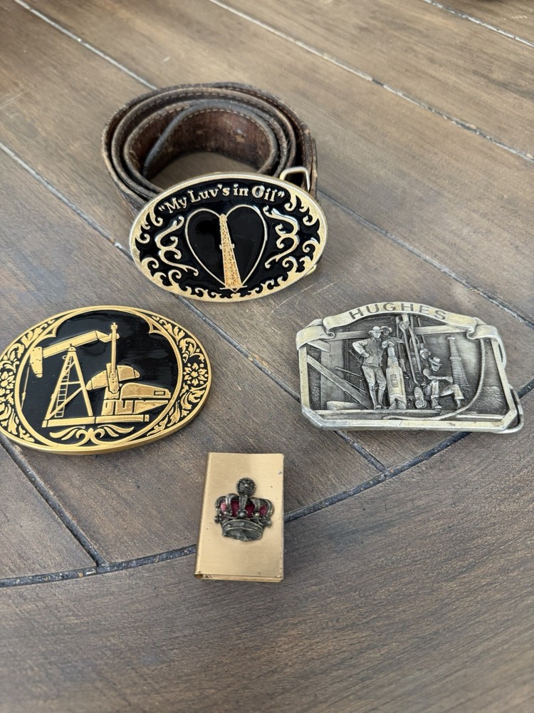 Lot of Metal Oilfield Belt Buckles + vintage Gold Tone Match Holder N Matchbox