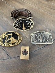 Lot of Metal Oilfield Belt Buckles + vintage Gold Tone Match Holder N Matchbox