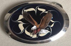 SILVER TONE BELT BUCKLE ENAMELED EAGLE BLUE CREAM SWIRL BACKGROUND