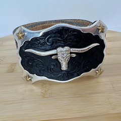 Vintage Justin Western Belt Longhorn Black Tooled Leather Gold Hued Stars Sz 40