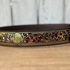 Genuine Laser Cut Leather Mexico Western Belt with Removable Buckle – Gold