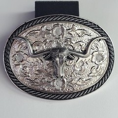 Western Longhorn Steer Belt Buckle Silver Tone Oval Engraved Floral Cowboy Rodeo