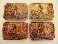 TALL IN THE SADDLE, WAGON TRAIL SCENE, BRASS COLOR, 2.5&Prime; X 3.5&Prime; BELT BUCKLE, NEW