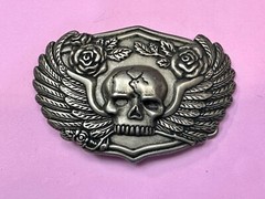 Dimensional Skull Head With Wings And Flowers – Raised Belt Buckle