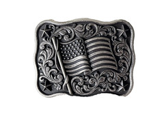 Nocona Mens Belt Buckle 3.75 x 3 in US Flag Star Western Matte Black Silver 1.5