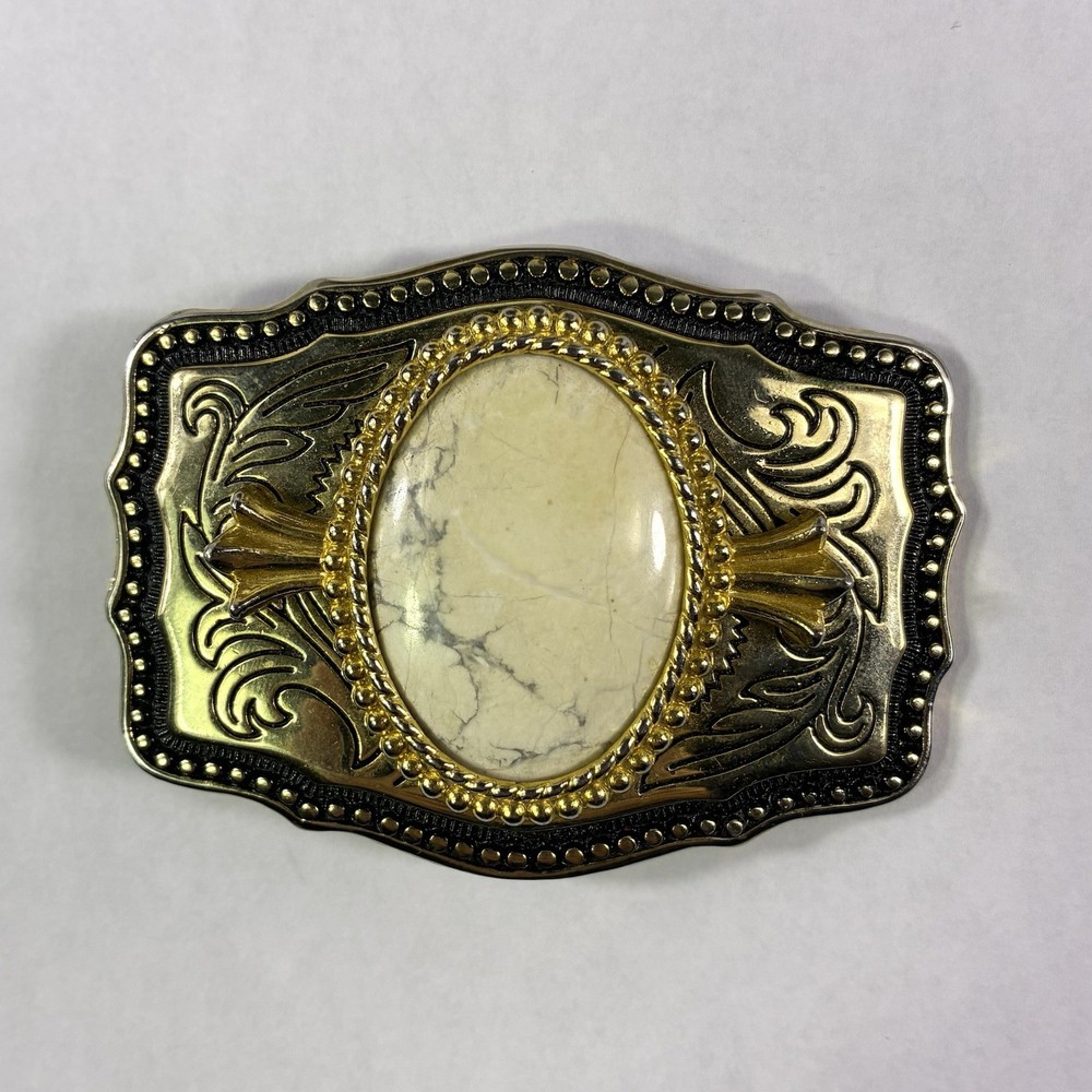 Vintage Oval Stone Embossed Western Belt Buckle Beige Rectangle Gold Tone Cowboy