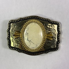 Vintage Oval Stone Embossed Western Belt Buckle Beige Rectangle Gold Tone Cowboy