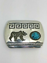 Navajo ~Rosco Scott ~Sterling Silver Overlay Turquoise Bear Belt Buckle – #419