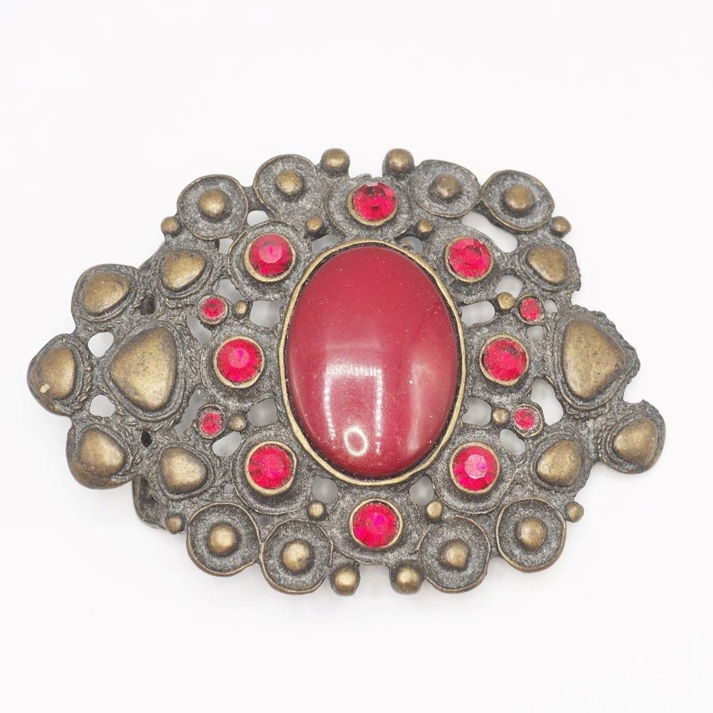 Brass Color Red Rhinestone Belt Buckle
