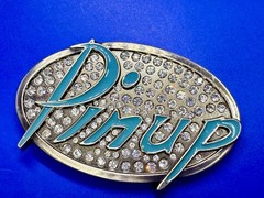 Pinup Girl – Blue Lettering Fashion Statement Novelty Jeweled Oval Belt Buckle