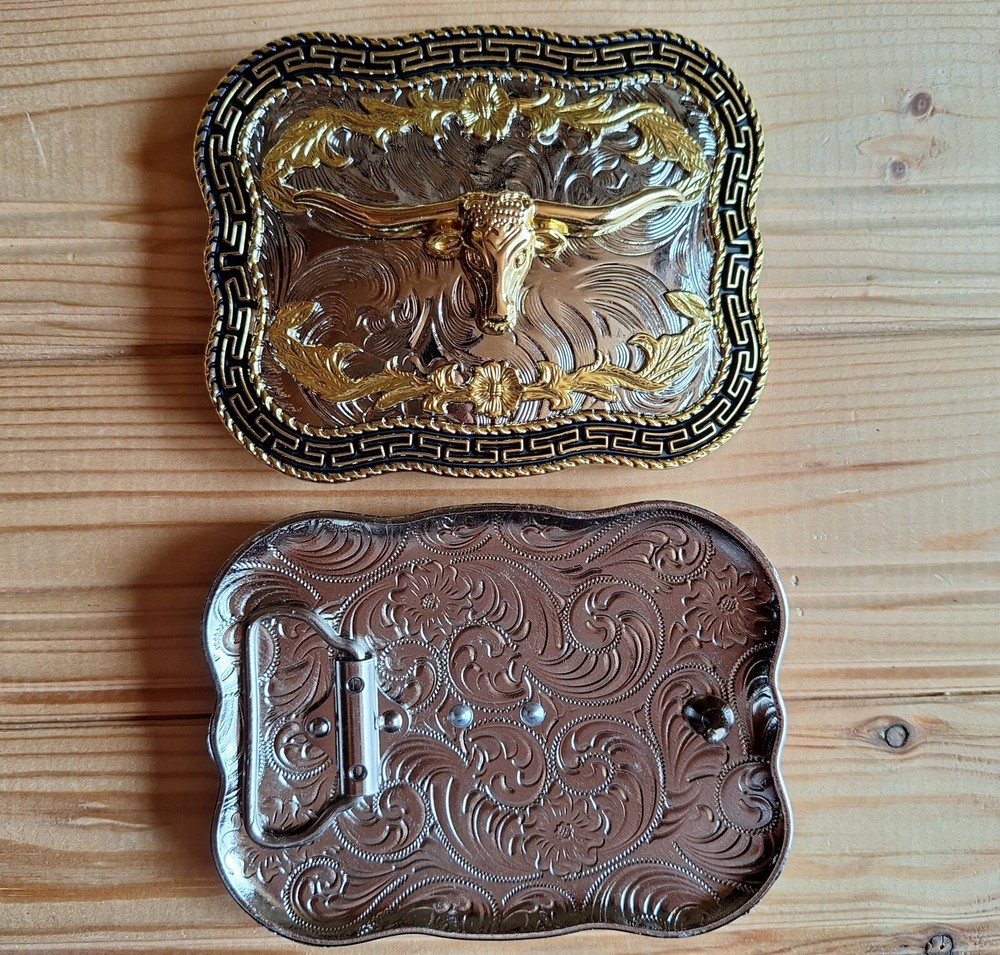 BIG Long horns bull wave western country silver & gold & black belt buckle