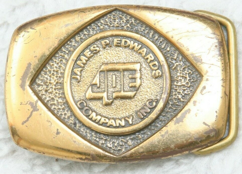 James P. Edwards Co. Inc. Metal Graphic Belt Buckle JPE Vintage 1981 Brass BB7