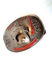 Belt Buckle Silver Tone Metal with Novelty Bottle Opener 4.25 In Wide Red Accent
