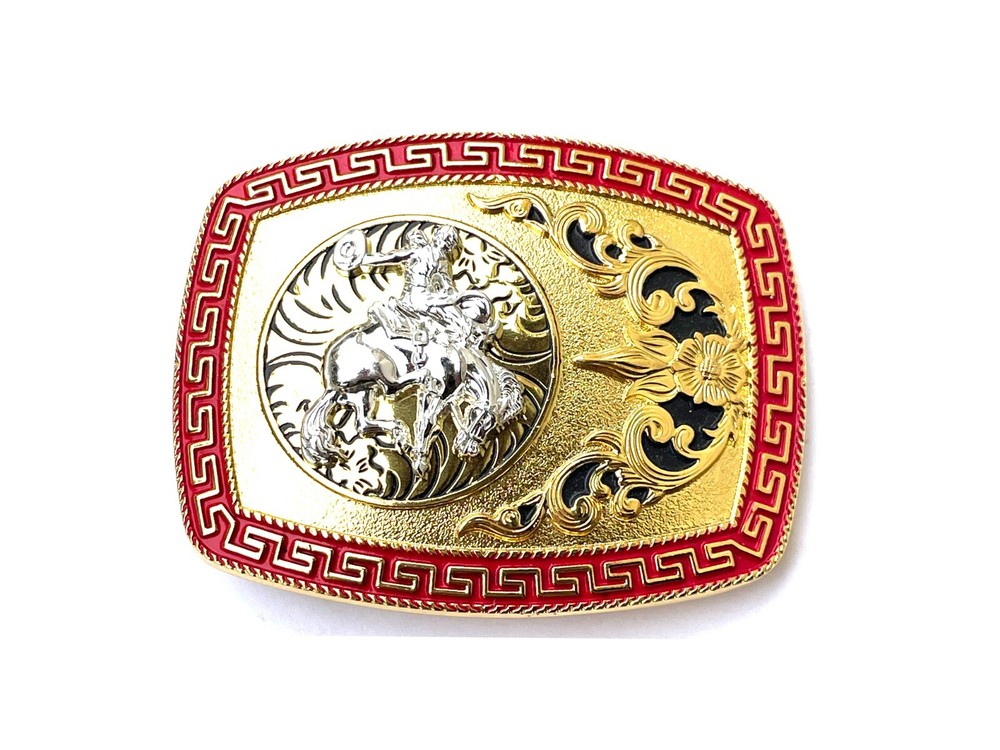 Western Buckle Gold Silver Red Horse Rider Cowboy Cloud Hebilla Vaquero Jinete