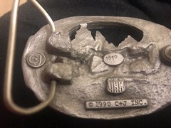 MEN&rsquo;S PEWTER ? 1990 C + J INC DEER SCENE AND ANTLER BELT BUCKLE MADE IN USA