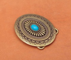Vintage Brass Southeast Indian Tribal Flower Turquoise Leather Belt Buckle Huge