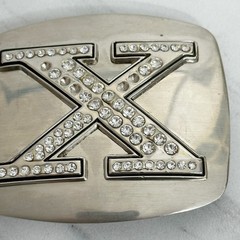Rhinestone Studded X Letter Initial Monogram Silver Tone Belt Buckle