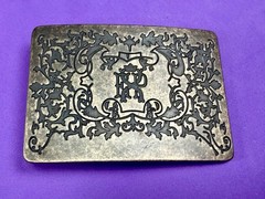 Letter EXP Monogram Scroll Ornate Pattern Silver Tone Rectangular Belt Buckle