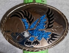 Vintage Handcrafted Silver Tone, Red Blue And White Eagle Belt Buckle