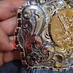 Centenario Cowboy Belt Buckle Western Silver With RoseTone Faux 50 Peso Concho