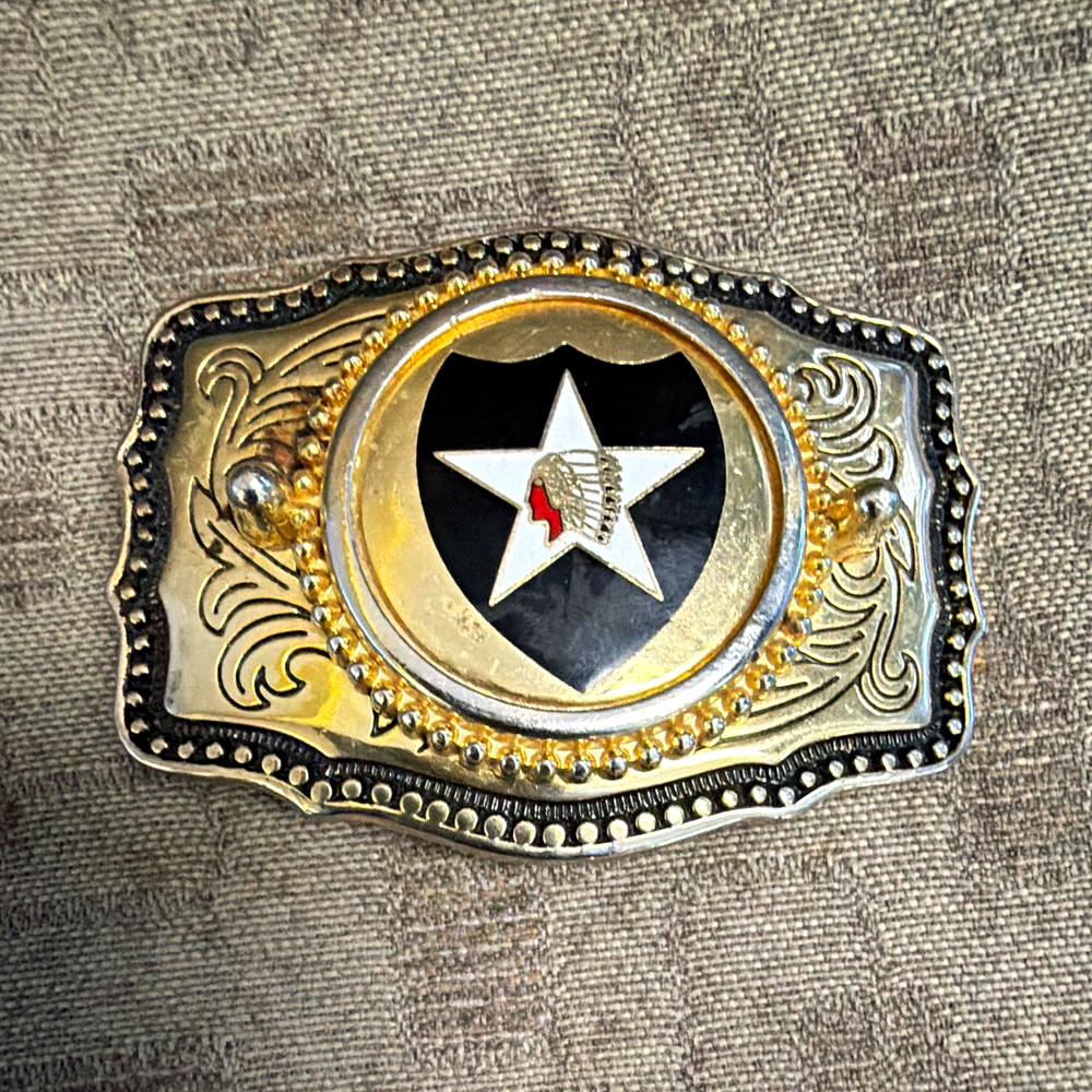 Men&rsquo;s Western Star Belt Buckle, Gold/Silver Metal Black Inlay Antique 1.5in