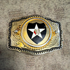 Men&rsquo;s Western Star Belt Buckle, Gold/Silver Metal Black Inlay Antique 1.5in