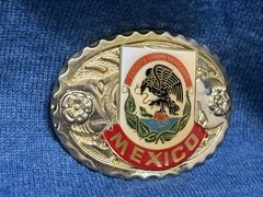 Vtg Mexico Belt Buckle Western Mexican Coat of Arms Eagle Snake Enamel Gold Tone
