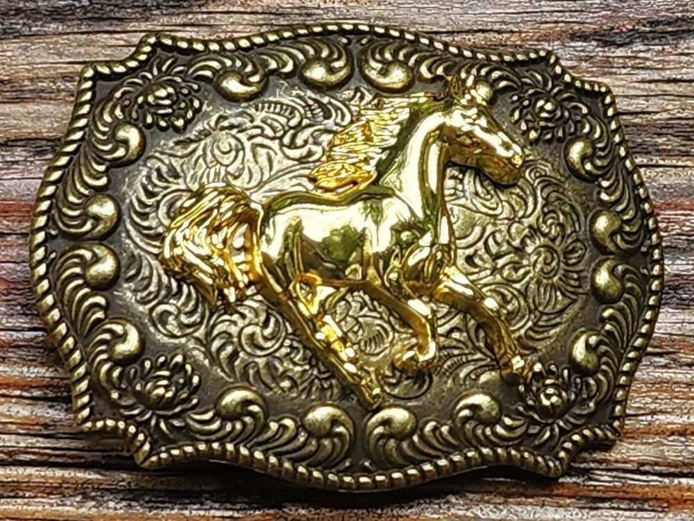 NEW HORSE RUNNING HORSE GOLD AND BRONZE RODEO COWBOY WESTERN BELT BUCKLE