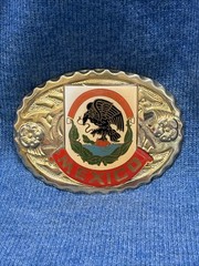 Vtg Mexico Belt Buckle Western Mexican Coat of Arms Eagle Snake Enamel Gold Tone