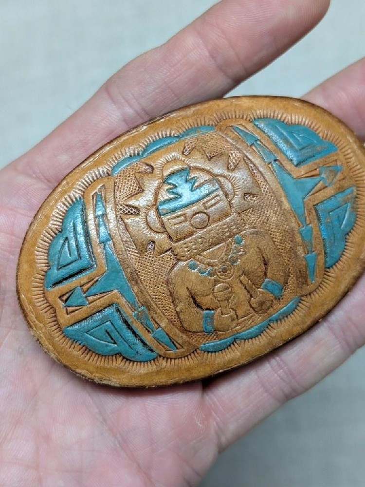 vintage 1970s belt buckle TOOLED handcrafted NATIVE AMERICAN leather INDIAN