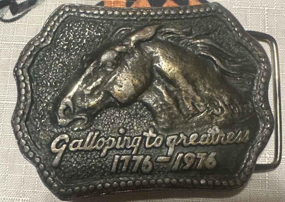 RARE 1776 1976 Lee LeBlanc Belt Buckle SHELL OIL BICENTENNIAL HORSE GALLOPING LE