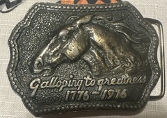 RARE 1776 1976 Lee LeBlanc Belt Buckle SHELL OIL BICENTENNIAL HORSE GALLOPING LE