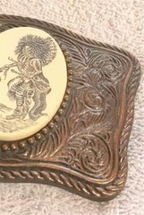 Vintage Simulated Scrimshaw Bronze Look Belt Buckle Detailed Indian Dancer RARE