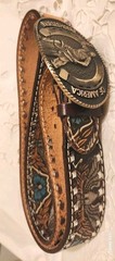 HORSESHOERS AMERICA AWARD DESIGN SOLID BRASS BUCKLE W/ LEATHER WILSON BELT SZ40