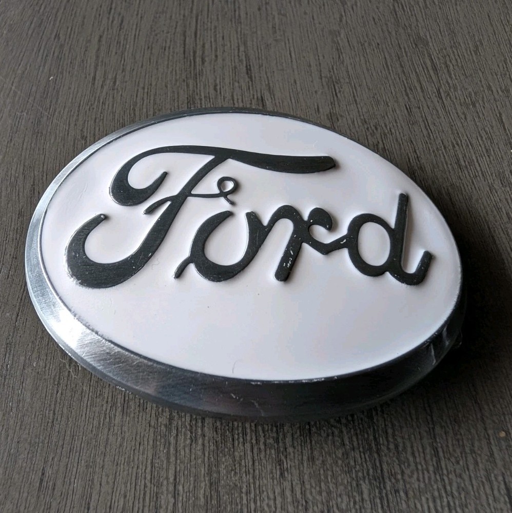Ford Belt Buckle , White Enamel Fill Pewter Finish