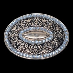 Vintage Brass Belt Buckle Rhinestone Blue Silver Western Scroll Cowboy Cowgirl
