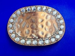 Textured Hammered Metal with Clear Rhinestone Border Modernist Belt Buckle