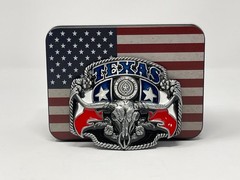 Texas Pride Belt Buckle with USA Flag Container – Western Belt Buckles for Men