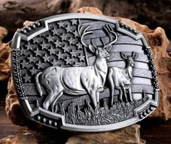 American Flag Deer Hunting Belt Buckle – Buck & Doe, Antique Silver Western