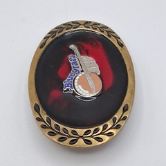 Vintage Bluegrass Belt Buckle Brass 3D Bango Red Enamel Inlay Blue Script Rare