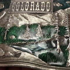 VTG 1976  » COLORADO  » BERGAMOT Brass Works Enamel DIX Leather BELT BUCKLE – NICE