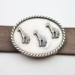 Belt Buckle Giraffe Family Antique Silver Oval Animal Print Safari Nature Design