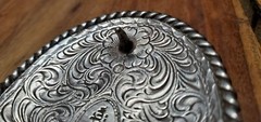 Justin Boots Brand – Silver Belt Buckle Fillagree Engraved Scroll Work Oval