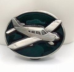 RARE! 1984 Bergamot Brass Works Belt Buckle Airplane Green Enamel Vintage L143