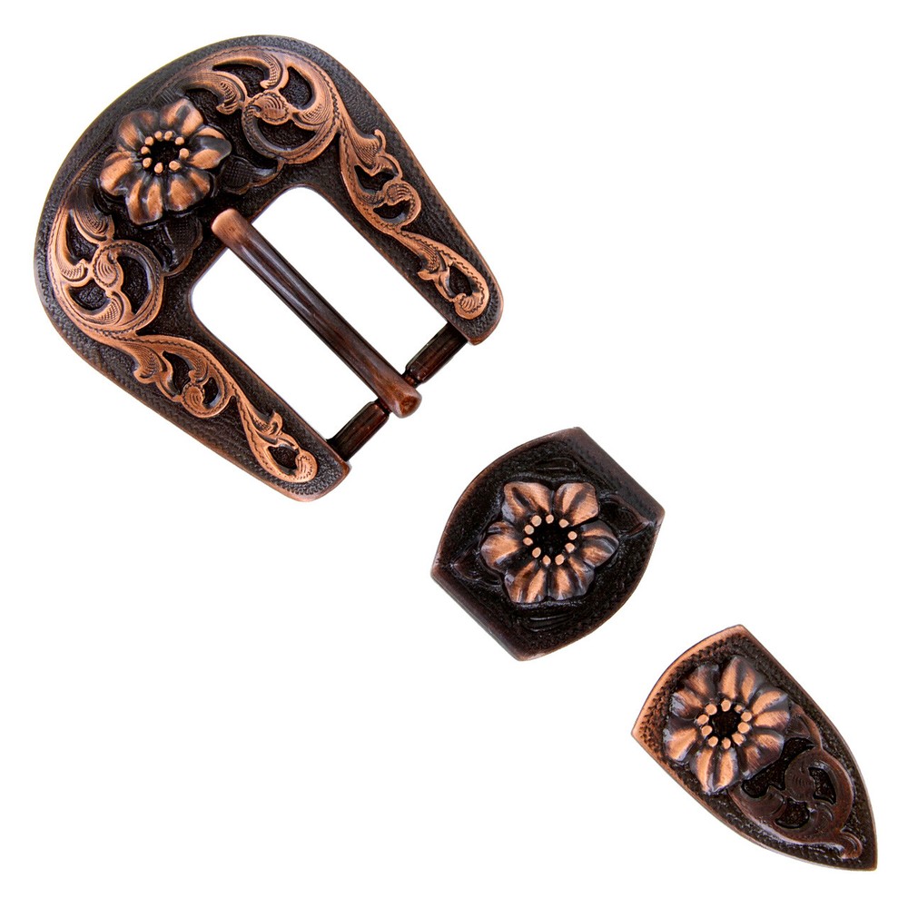 WESTERN FLORAL COPPER ENGRAVED Three Piece BELT BUCKLE SET FITS 3/4&Prime; BELT strap