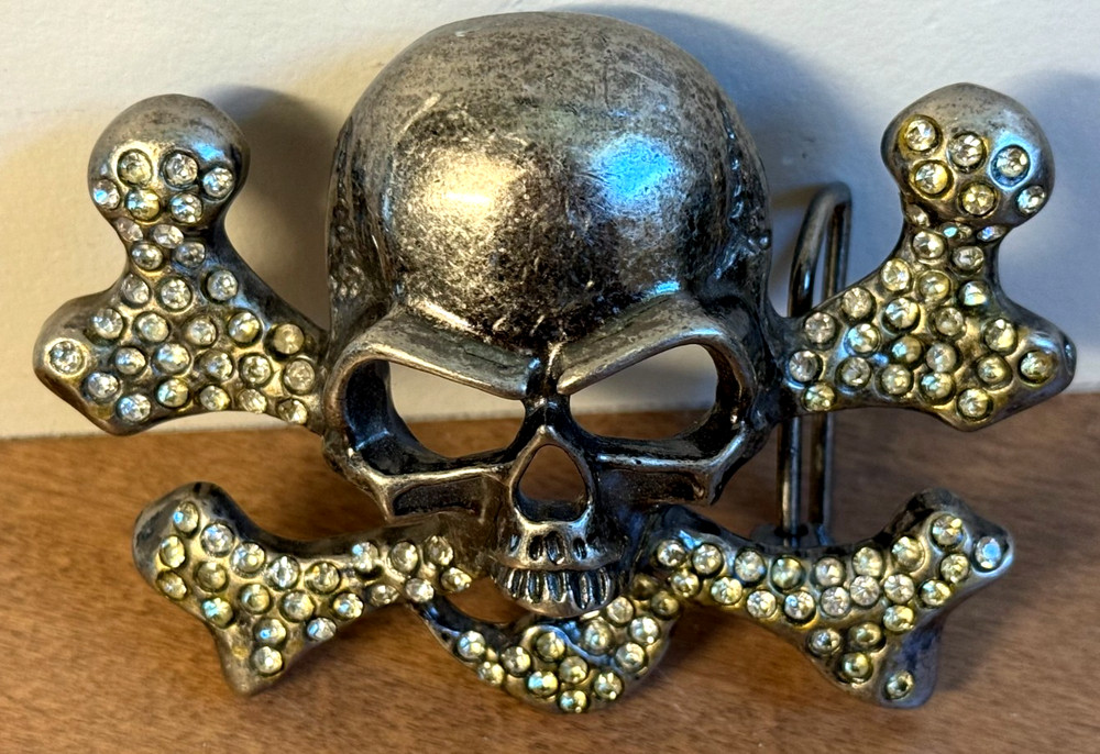 FREE SHP Skull & Crossbones Skeleton Belt Buckle Silver Metal Rhinestone Biker